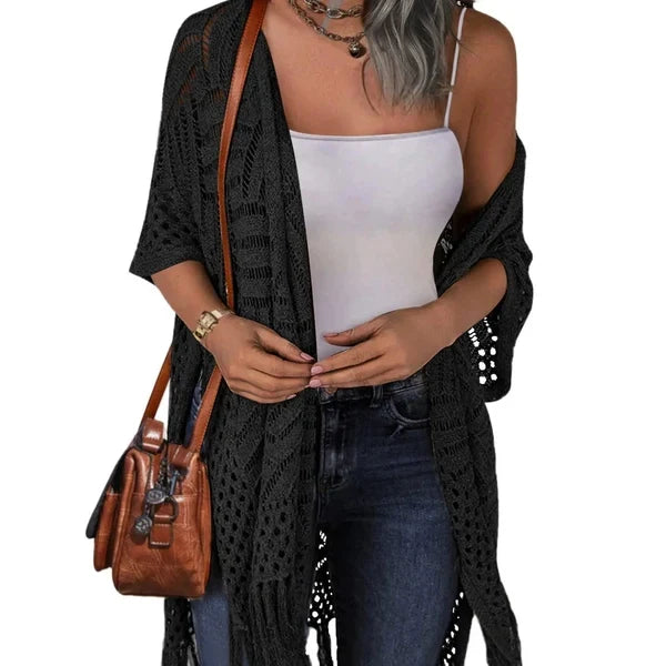 🔥Limited Time 50% Off!😍Women’s Oversized Knit Cardigan – Lightweight Crochet Tassel Kimono for Spring & Summer 🌸
